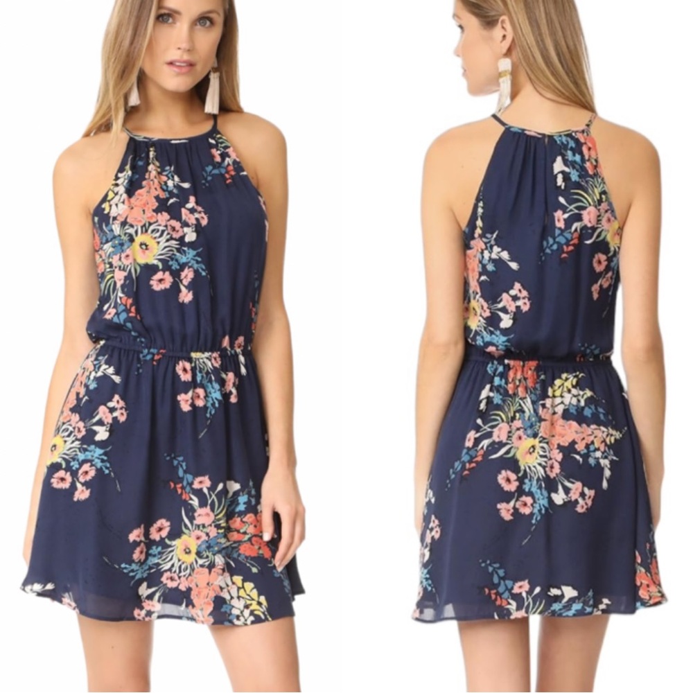 JOIE Makana Silk Navy Blue Floral Halter Blouson Mini Slip Dress - XS
